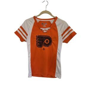 NHL MAJESTIC | Flyers Women’s Lace Up Rhinestone Short Sleeve Top Small